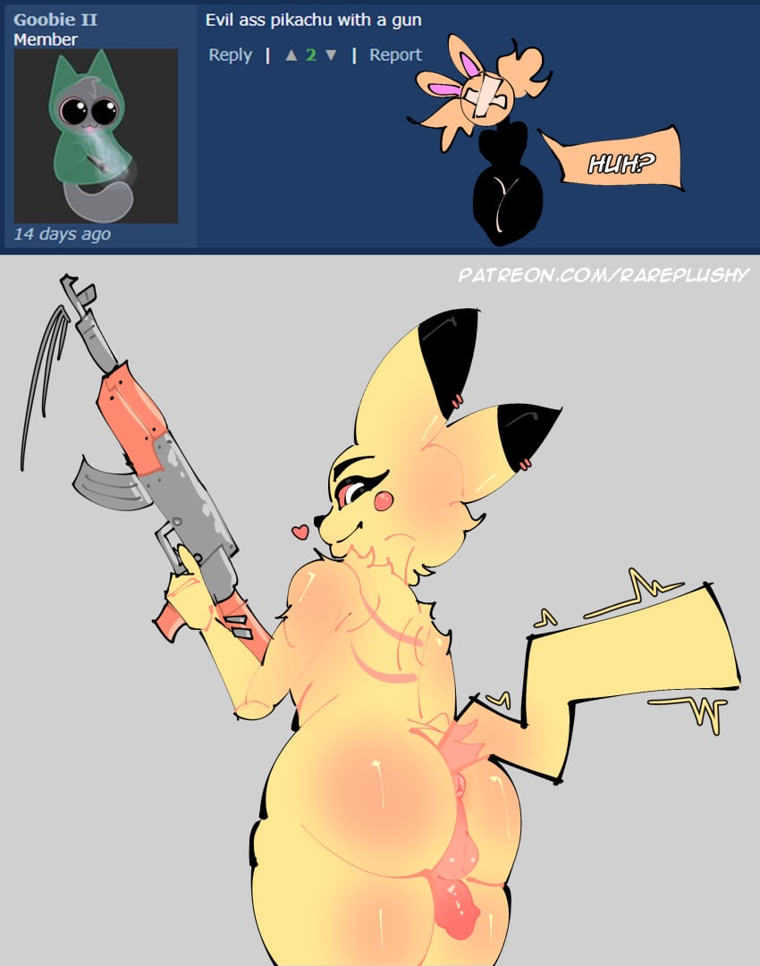 absurd_res ak-47 ak_platform anthro ass assault_rifle balls big_butt femboy fur generation_1_pokemon genitals gun hi_res holding_gun holding_object holding_ranged_weapon holding_weapon huge_butt male mammal nintendo nude penis pikachu pokemon pokemon_(species) ranged_weapon rareplushy rifle rodent simple_background smile solo tail thick_thighs weapon yellow_body yellow_fur