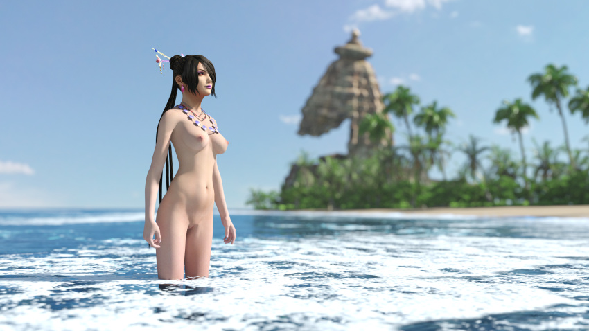 1girls 3d alexbridger alternate_breast_size beach black_hair brown_eyes final_fantasy_x lulu_(final_fantasy) medium_breasts necklace outdoor_nudity outdoors palm_tree seaside