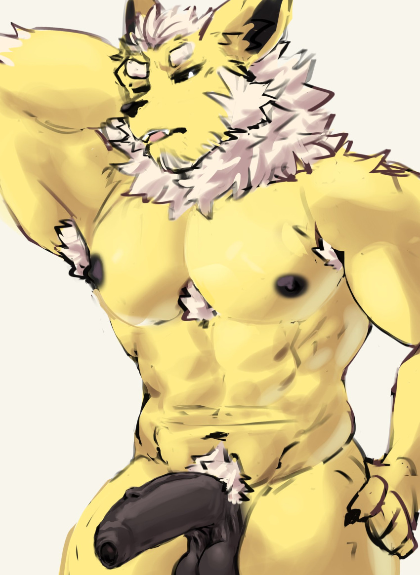 2024 abs anthro anthro_only armpit_hair armpit_tuft barazoku biceps big_muscles big_penis biped black_nipples black_sclera eeveelution erection foreskin fur furry furry_male furry_only genitals hair hi_res humanoid_genitalia humanoid_penis jolteon looking_at_viewer male muscular muscular_anthro muscular_male nintendo nipples nude_anthro nude_male pecs penis pokemon pokemon_(species) solo sora_png species_request tongue tongue_out vein veiny_penis white_eyes white_hair yellow_fur