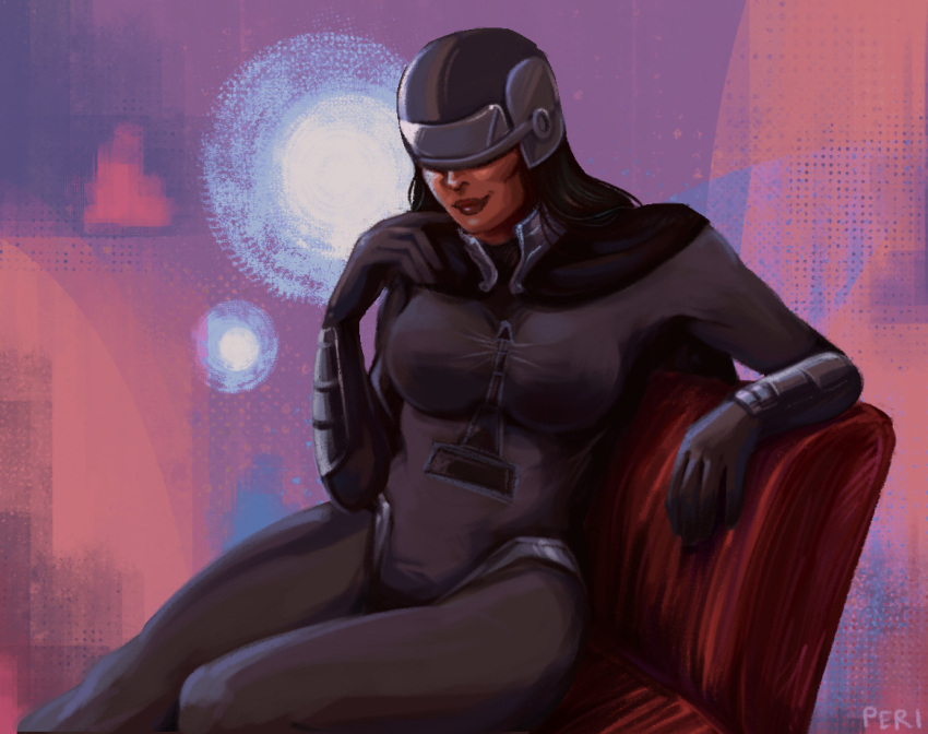 1girls abstract_background alexandria_(worm) artist_signature big_breasts black_bodysuit bodysuit breasts cape chair clothed clothing cpericardium dark-skinned_female female female_only helmet hi_res mask parahumans rebecca_costa-brown sitting skin_tight_suit smile solo superhero superheroine tight_clothing wildbow worm_(web_series)