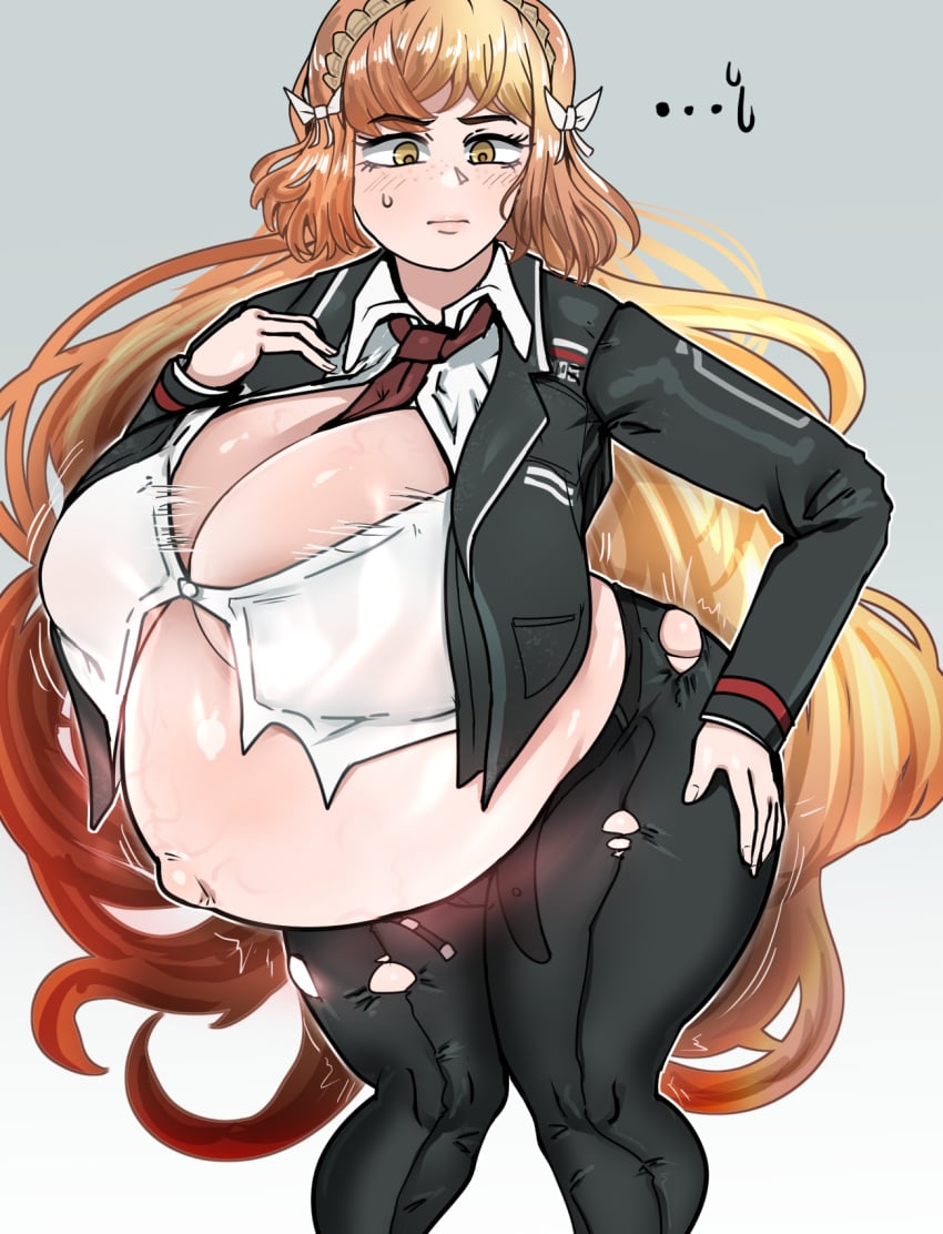 1girls belly big_breasts bloated_belly blush breasts bursting_breasts cleavage closed_mouth clothing female female_only freckles hair_ribbon hairband huge_breasts hyper_belly hyper_breasts imminent_wardrobe_malfunction ishmael_(limbus_company) limbus_company long_hair mk2hassyupapii orange_hair outie_navel pregnant project_moon solo sweat thick thick_thighs torn_clothes very_long_hair wardrobe_malfunction yellow_eyes