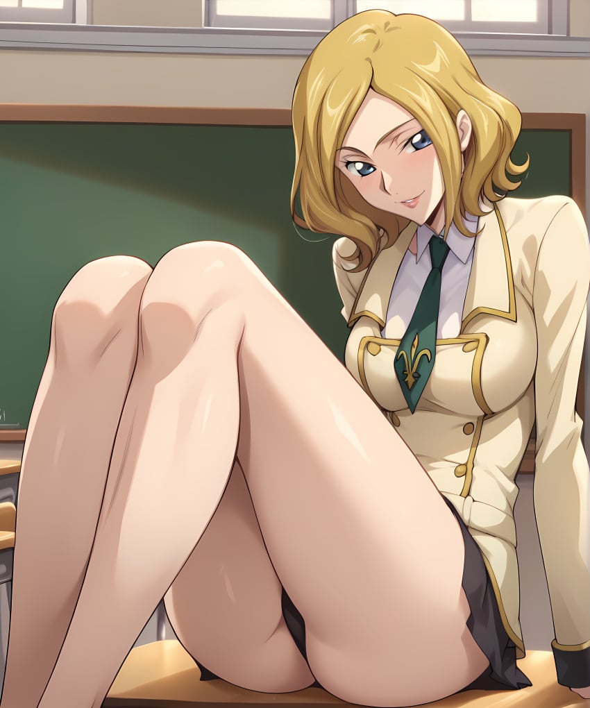 ai_generated big_ass big_breasts big_butt blonde_hair blue_eyes code_geass curvy curvy_body curvy_female curvy_figure female female_focus female_only large_breasts long_legs milly_ashford necktie retair18 school school_desk school_girl school_uniform schoolgirl short_skirt skirt smile thick_ass thick_legs thick_thighs tie