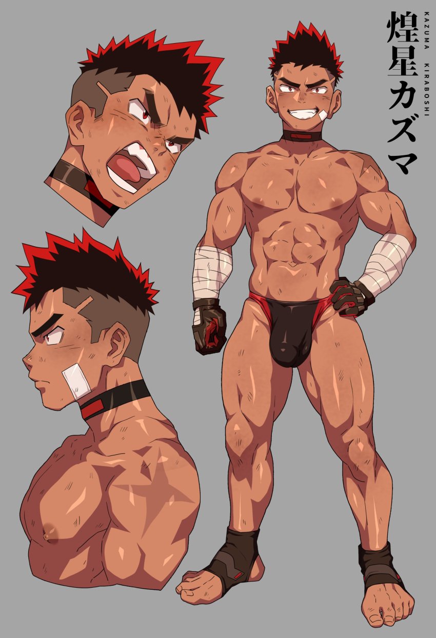 1boy abs bandaid bandaid_on_face black_hair boxer brawler bulge bulge_through_clothing cocky dirty fighter fingerless_gloves gloves kiraboshi_kazuma_(shiba_yuuji) male male_only muscular muscular_chest muscular_male muscular_thighs naughty_face nipples pecs penis penis_bulge penis_outline red_hair shiba_yuuji smile smiling_at_viewer smirk smirking_at_viewer smug solo solo_male toothy_grin topless two_tone_hair underwear