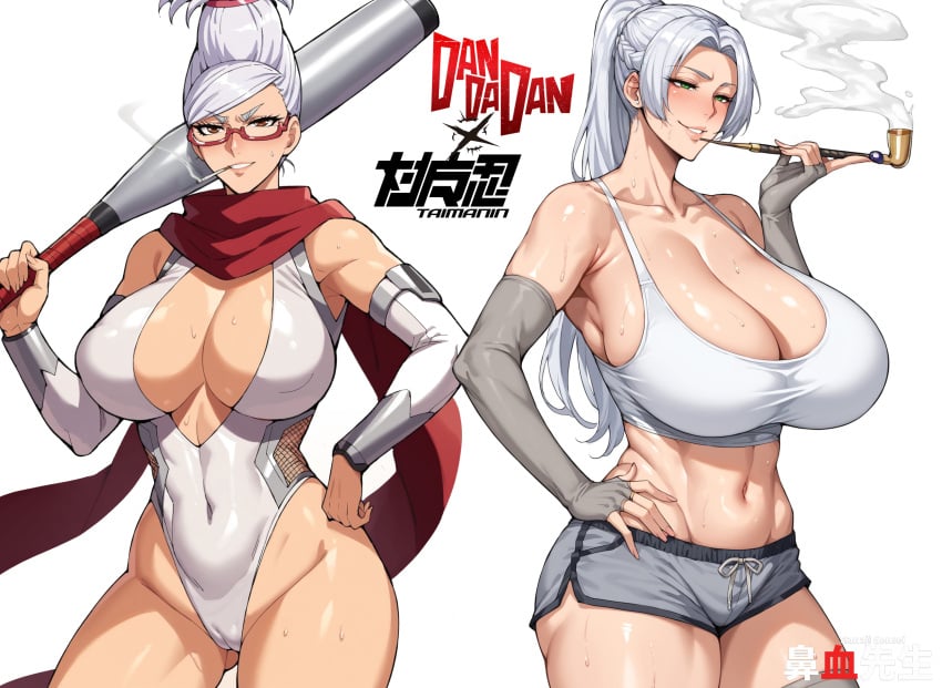 2girls ai_generated ayase_seiko breasts crossover dandadan dolphin_shorts gilf glasses grandmother green_eyes hanajisensei inage_natsu mature mature_female milf shorts taimanin_(series) taimanin_rpgx taimanin_suit tank_top white_hair 鼻血先生