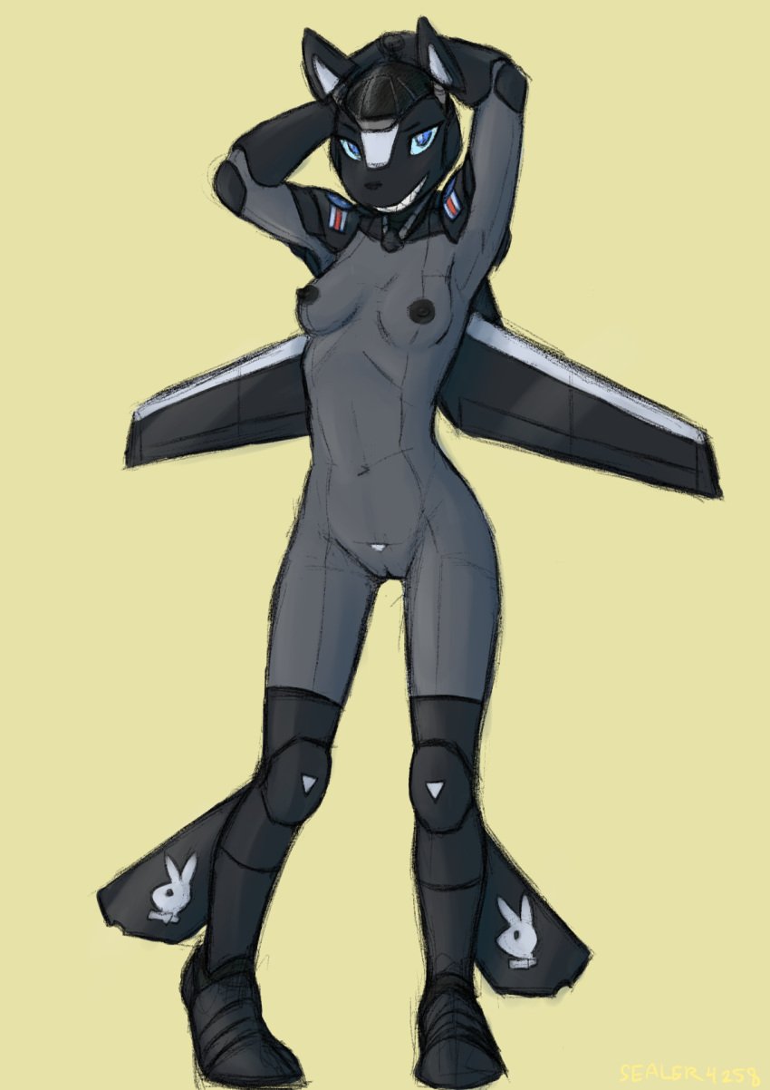 aeromorph aircraft airplane anthro areola armor_plates black_body black_nipples blue_eyes breasts digital_media_(artwork) female genitals grey_body hi_res joints kat_(sealer4258) living_aircraft living_machine living_vehicle looking_at_viewer machine markings navel nipples non-mammal_breasts non-mammal_nipples not_furry nude nude_anthro nude_female pussy robot robot_anthro robot_ears sealer4258 simple_background small_breasts smile solo teeth vehicle wings