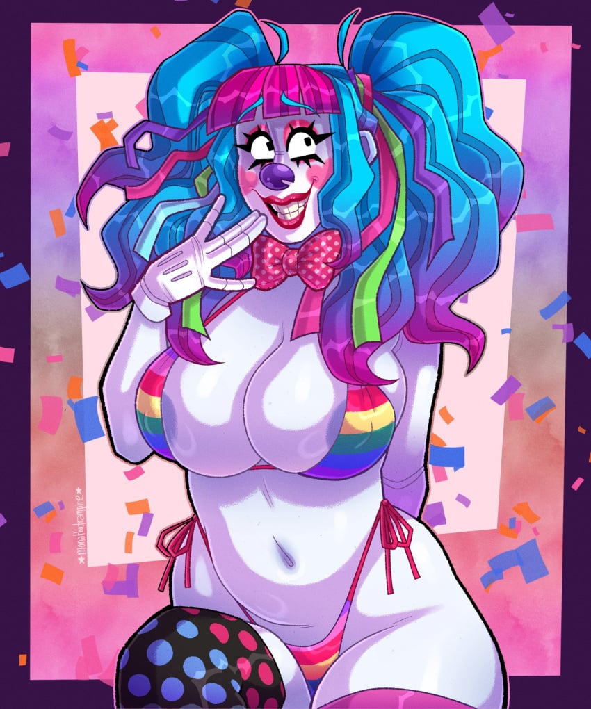 big_breasts bikini bowtie clown clown_girl clown_makeup digital_media_(artwork) female female_only full_color monathetrampire multicolored_hair nipple thick_thighs