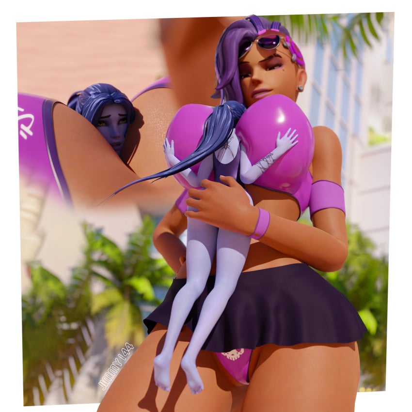 2girls 3d between_breasts big_breasts breasts cleavage dark-skinned_female dark_skin female giantess huge_breasts jimmy144 larger_female latina macro overwatch size_difference smaller_female sombra widowmaker