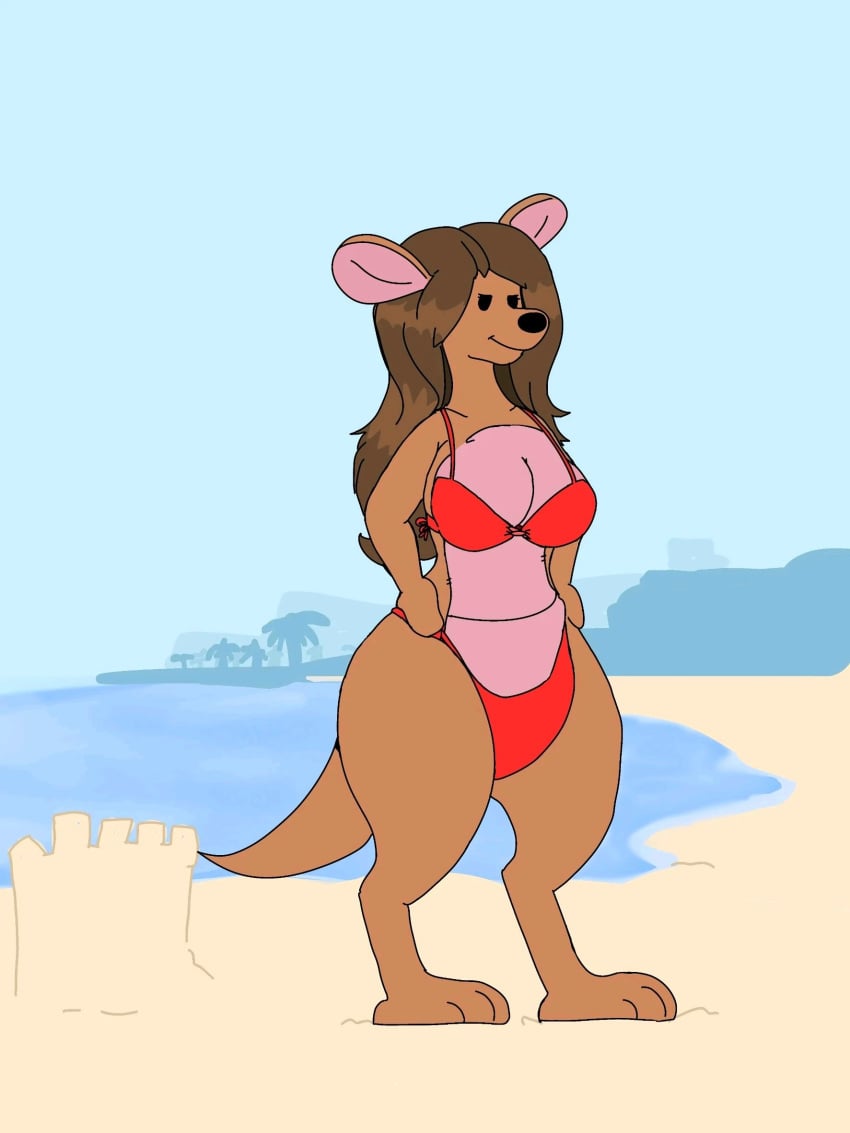 anthro beach bikini brown_hair female furry kanga kangaroo mammal outdoors swimsuit tagme winnie_the_pooh_(franchise)