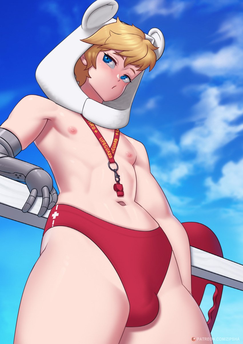 adventure_time briefs bulge casual femboy finn_the_human human lanyard lifeguard male neckwear pale_skin solo_male speedo swim_briefs swimwear trap twink whistle zipsha