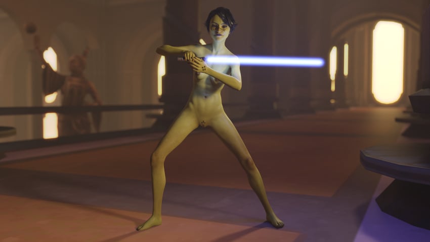 1girls alexbridger alternate_breast_size barriss_offee black_hair blue_eyes green_skin jedi jedi_temple lightsaber mirialan pussy shaved_pussy short_hair small_breasts star_wars tattoos