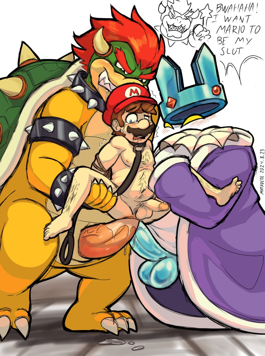 3boys anal anal_sex animal_genitalia animal_penis balls belt_collar big_balls big_penis blush bowser brown_hair cap collar crystal_king_(mario) double_anal double_penetration furry gay gay_sex hands_tied hat horns ice_penis koopa leash mario mario_(series) matadede_good mustache nintendo paper_mario penis precum precum_drip rape rope saliva small_penis spiked_bracelet spiked_collar tears tears_of_pain trio unknown_species