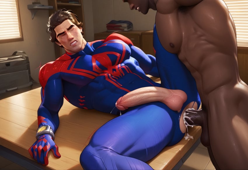 ai_generated anal_sex bara closed_eyes closing_eyes cum cum_in_ass cum_inside dark-skinned_male erection erection_while_penetrated gay interracial male_only marvel marvel_comics mexican mexican_irish mexican_male miguel_o'hara muscular muscular_bottom muscular_male spider-man:_across_the_spider-verse spider-man_(series) spider-man_2099 superhero superhero_costume superherosuckerrr