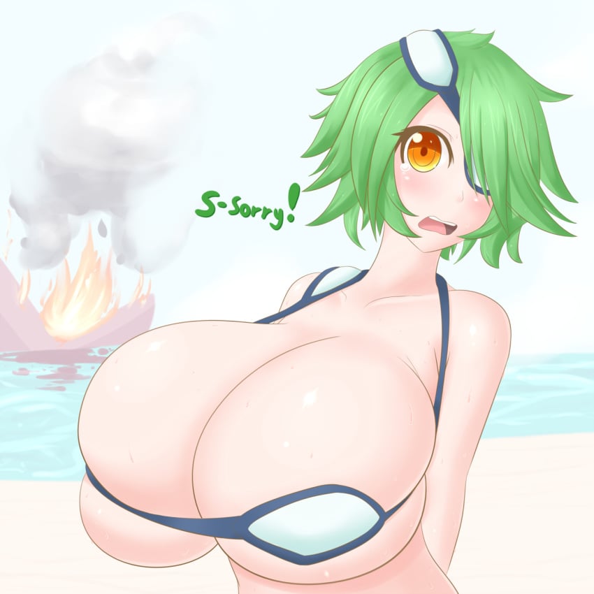 beach bikini_top eye_patch female green_hair hair_over_one_eye highres huge_breasts jcdr kiruko_otonashi looking_at_viewer novice_policewoman_kiruko-san orange_eyes short_hair simple_background solo