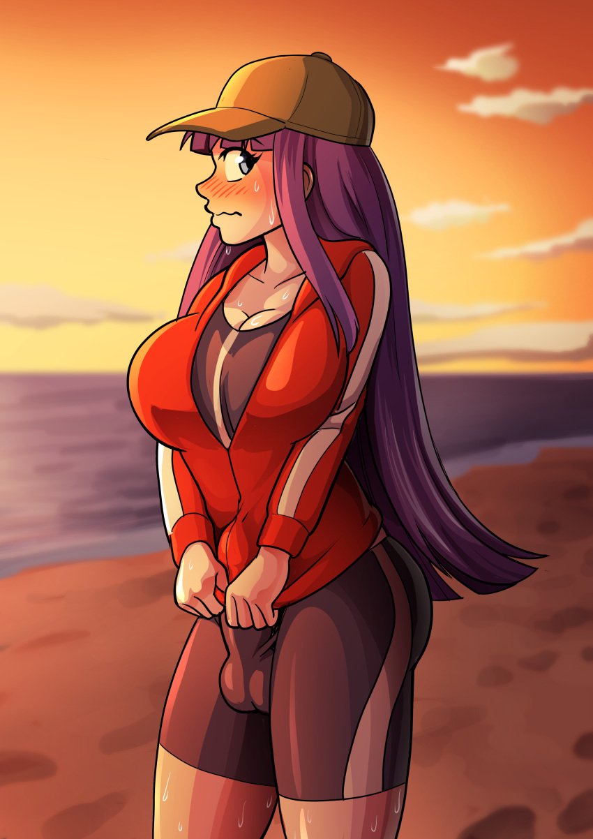 1futa 1futanari baseball_cap beach beach_background blue_eyes bulge cleavage clothed clothed_female clouds commission commission_art commissioner_upload cuuki0 embarrassed embarrassed_expression embarrassed_futa erection erection_under_clothes fate/grand_order fate_(series) futanari hat hiding_erection jacket large_breasts long_hair purple_hair saint_martha shorts sportswear sunset sweat sweatdrop sweating tagme tight_clothing tight_pants unzipped_jacket