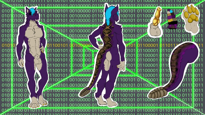 absurd_res animal_genitalia anonymous_artist anthro bethesda_softworks binary_code erection fallout fur genitals head_tuft hi_res hidden_message knot male model_sheet naga_serpentis night_stalker_(fallout) pawpads purple_body purple_fur rattle_(anatomy) rattleyote scales sheath solo tuft