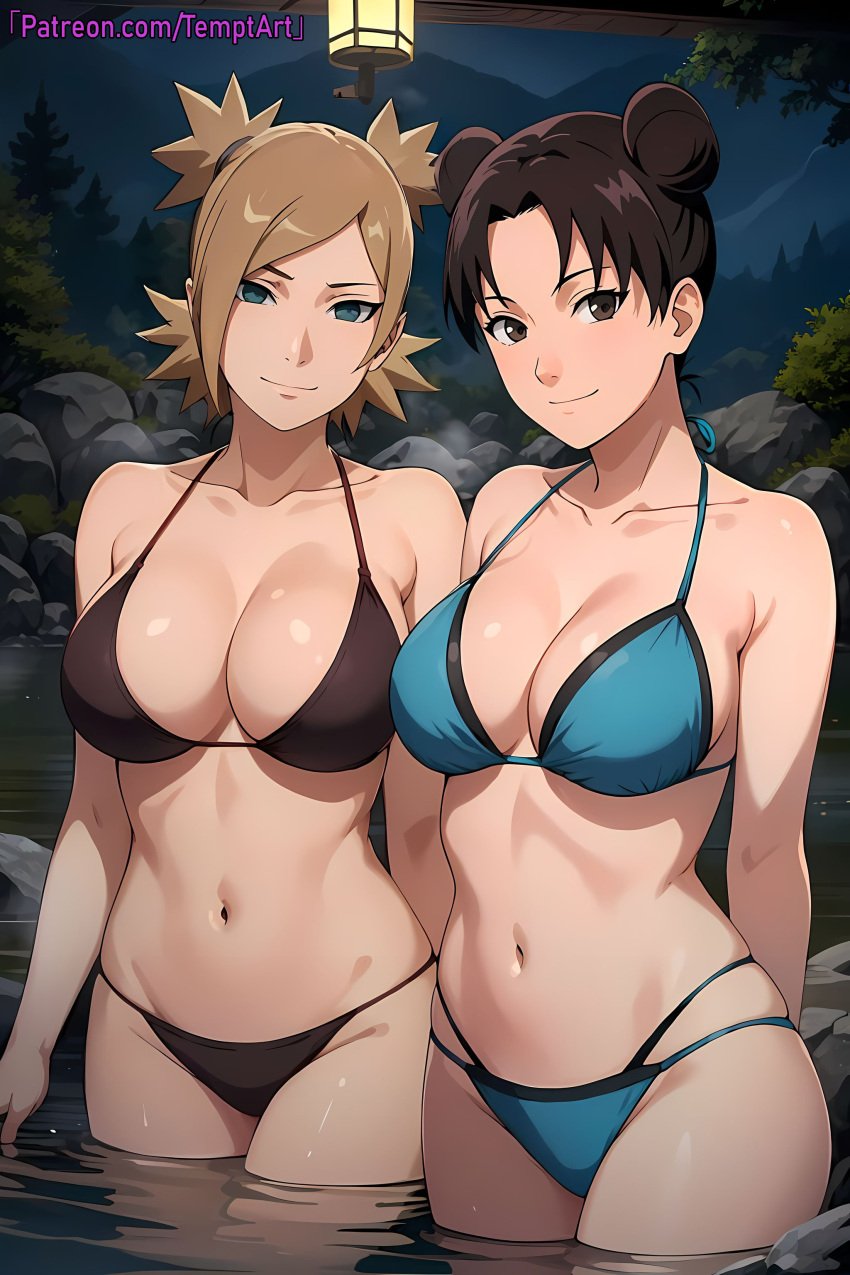 2girls adult age_difference ai_generated alternate_hairstyle bare_chest bare_midriff bare_shoulders bare_thighs belly belly_button big_breasts bikini bikini_bottom bikini_top blonde_hair boruto:_naruto_next_generations breasts brown_eyes cleavage curvaceous curvy curvy_female curvy_figure double_bun female female_only hair_bun hot_spring hourglass_figure huge_breasts in_water large_breasts legs_together mature mature_female milf multiple_girls nai_diffusion naruto naruto_(series) naruto_shippuden navel older_female older_woman_and_teenage_girl onsen partially_submerged patreon_username ponytail quad_tails stable_diffusion standing teal_eyes teenager temari temptart tenten thick_thighs thighs time_paradox twintails url watermark web_address wide_hips younger_female