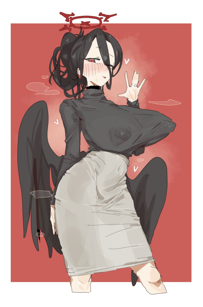 1girls black_choker black_hair black_sleeves black_sweater black_wings blue_archive blush blush_lines blushing breasts bun_hair choker erect_nipples erect_nipples_under_clothes female grey_skirt hair_between_eyes hair_bun hairbun halo hasumi_(blue_archive) hip_wings justice_task_force_(blue_archive) large_breasts large_wings leebongchun long_breasts long_sleeves looking_at_viewer messy_hair nipple_bulge nipples nipples_visible_through_clothing one_eye_closed pointy_breasts portrait red_eyes red_halo ring ring_(jewelry) ring_on_finger see-through solo sweater tight_clothes tight_clothing tight_shirt tight_skirt torpedo_breasts trinity_general_school_student turtleneck turtleneck_sweater updo very_long_hair waist_wings waving waving_at_viewer wings