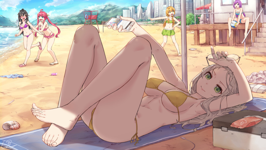 5girls :d ahoge arm_up artist_name ball bare_legs barefoot beach beach_house bikini bikini_skirt black_hair blonde_hair blue_eyes blue_sky breasts brown_eyes cellphone closed_mouth cloud cloudy_sky cooler day feet forehead glasses green_bikini green_eyes grey_hair highres holding holding_phone holding_removed_eyewear horizon large_breasts lying multiple_girls ocean on_back open_mouth original outdoors outstretched_arm phone pink_bikini pointing purple_bikini purple_hair ringlets seashell shade shell side-tie_bikini_bottom signature sitting sky smartphone smile solo_focus stairs standing swimsuit tareme thighs toes towel twintails umbrella unworn_eyewear volleyball volleyball_(object) wet.elephant yellow_bikini yellow_eyes