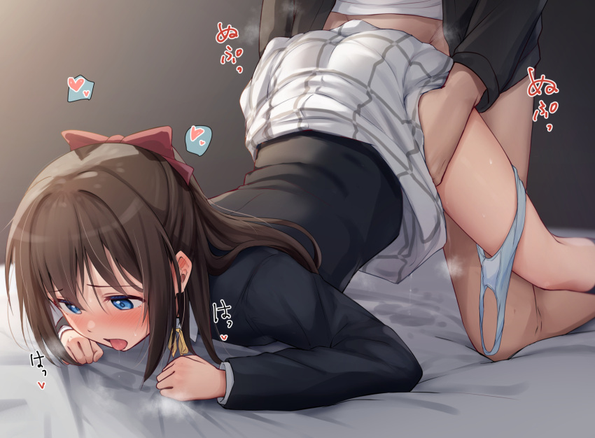 1boy 1girls aroused bed_sheet black_coat blue_eyes blue_panties bow brown_hair clothed_sex coat commentary_request doggy_style face_down_ass_up female female_human half_updo highres human human_male indoors light-skinned_female long_hair long_sleeves looking_pleasured love_live! love_live!_nijigasaki_high_school_idol_club nijigasaki_academy_school_uniform on_bed ousaka_shizuku panties panties_around_one_leg red_bow school_uniform sex sex_from_behind skirt suggestive_fluid tongue tongue_out top-down_bottom-up toyasu_aina underwear vaginal_penetration white_skirt