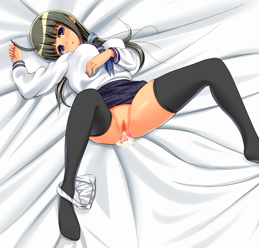 after_sex ahoge bed blood blue_eyes censored cum cum_inside defloration deflowered eru_(efzg) female_virgin grey_hair highres kikusaka_kochou panties panties_around_leg panties_around_one_leg pussy school_uniform serafuku spread_legs taishou_yakyuu_musume thighhighs underwear vaginal_blood virgin virginal_blood white_panties