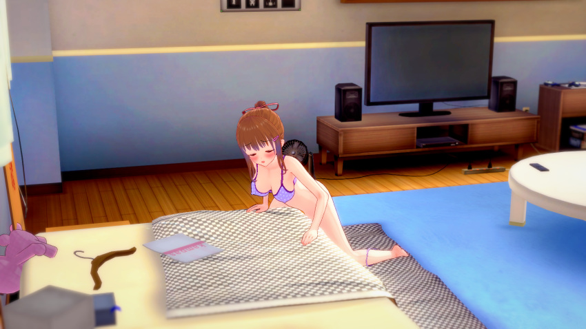 3d 3d_(artwork) against_bed bed bed_sheet bedding bedding_background bedroom bedroom_setting bedsheets blush blushed blushing_female bra closed_eyes cowgirl_position girl grinding hump humping image kneeling kneeling_position koikatsu masturbating masturbation no_panties on_bed on_knees only_female open_mouth pleasure_face pleasured rubbing solo_female