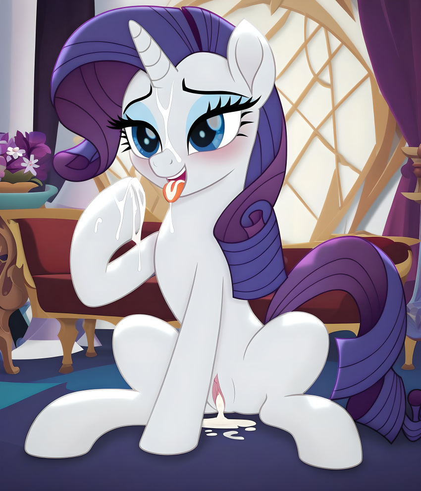 after_sex ai_generated blue_eyes cum cum_in_pussy equine feral feral_only friendship_is_magic fur hair hasbro horse midnight_dashie my_little_pony pony pony_diffusion_xl purple_hair pussy rarity_(mlp) smile stable_diffusion tongue tongue_out unicorn white_body white_fur