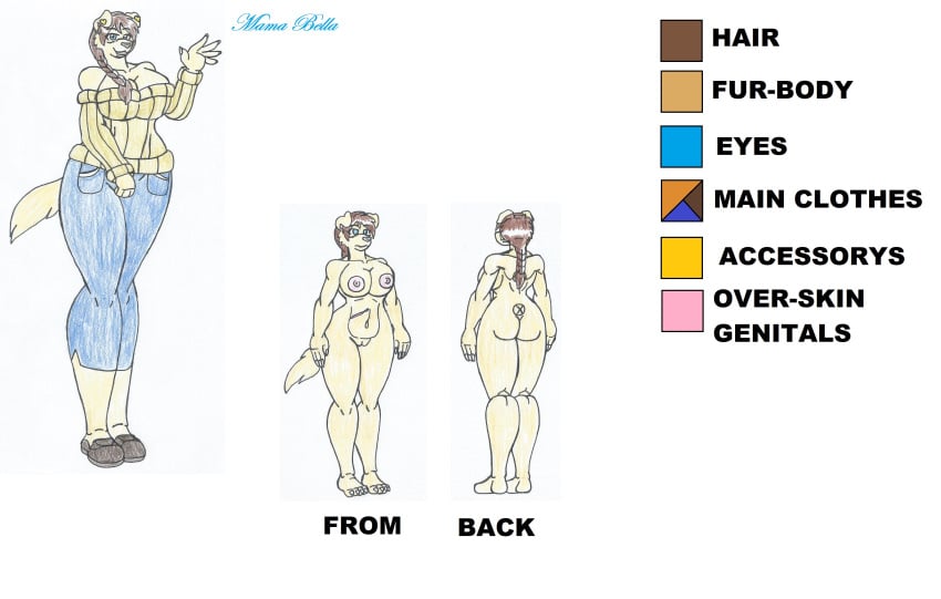 anthro beige_fur big_ass big_breasts big_hips blue_eyes braided_hair brown_hair chubby_belly dog_humanoid earrings jeans mama_bella_(waifuland) marlon64 mature_anthro mature_woman milf model_sheet naked_female original_character scar shoes solo_female sweater traditional_drawing_(artwork) waifuland white_background