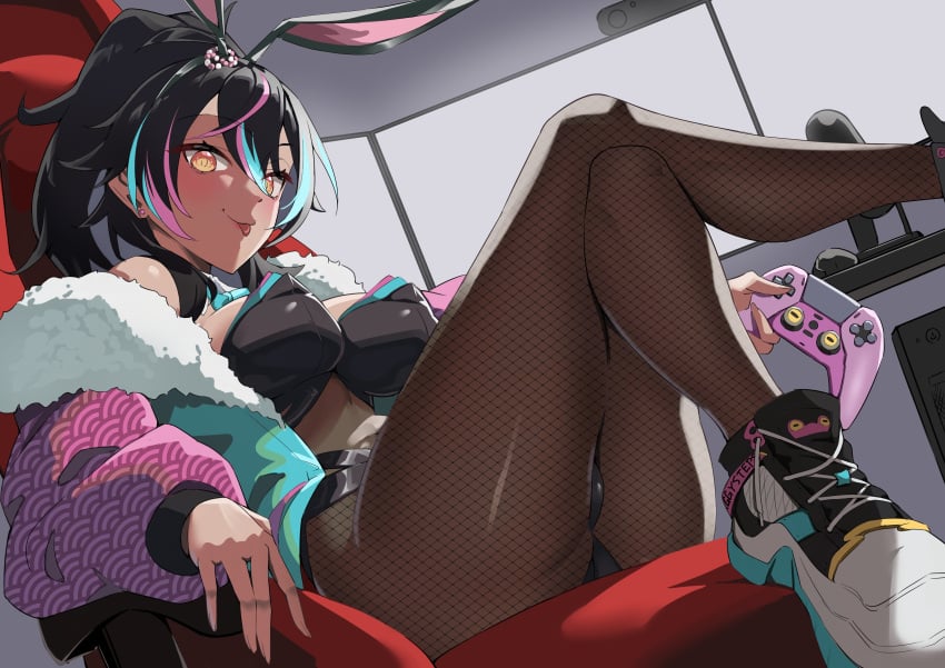 black_hair blue_hair breasts bunny_ears bunnysuit clothing female fishnets game_controller gaming gaming_chair indie_virtual_youtuber jacket monitor neon_harper shoes silly stockings tan_body tanned tongue_out twitch two_tone_hair virtual_youtuber yellow_eyes