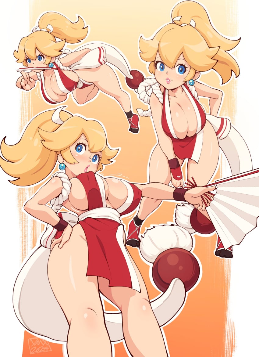 1girls absurd_res big_breasts blonde_hair blue_eyes cosplay dmxwoops earrings fatal_fury female female_only inner_sideboob king_of_fighters long_hair looking_at_viewer mai_shiranui_(cosplay) mario_(series) nintendo nipple_bulge ponytail princess_peach sideboob skimpy skimpy_clothes snk solo