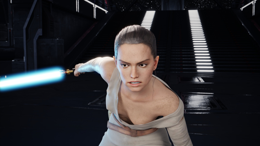 1girls 3d angry bare_shoulders battle bent_over blender collarbone down_blouse fighting fighting_stance glare lightsaber nodern03 rey spacecraft star_wars