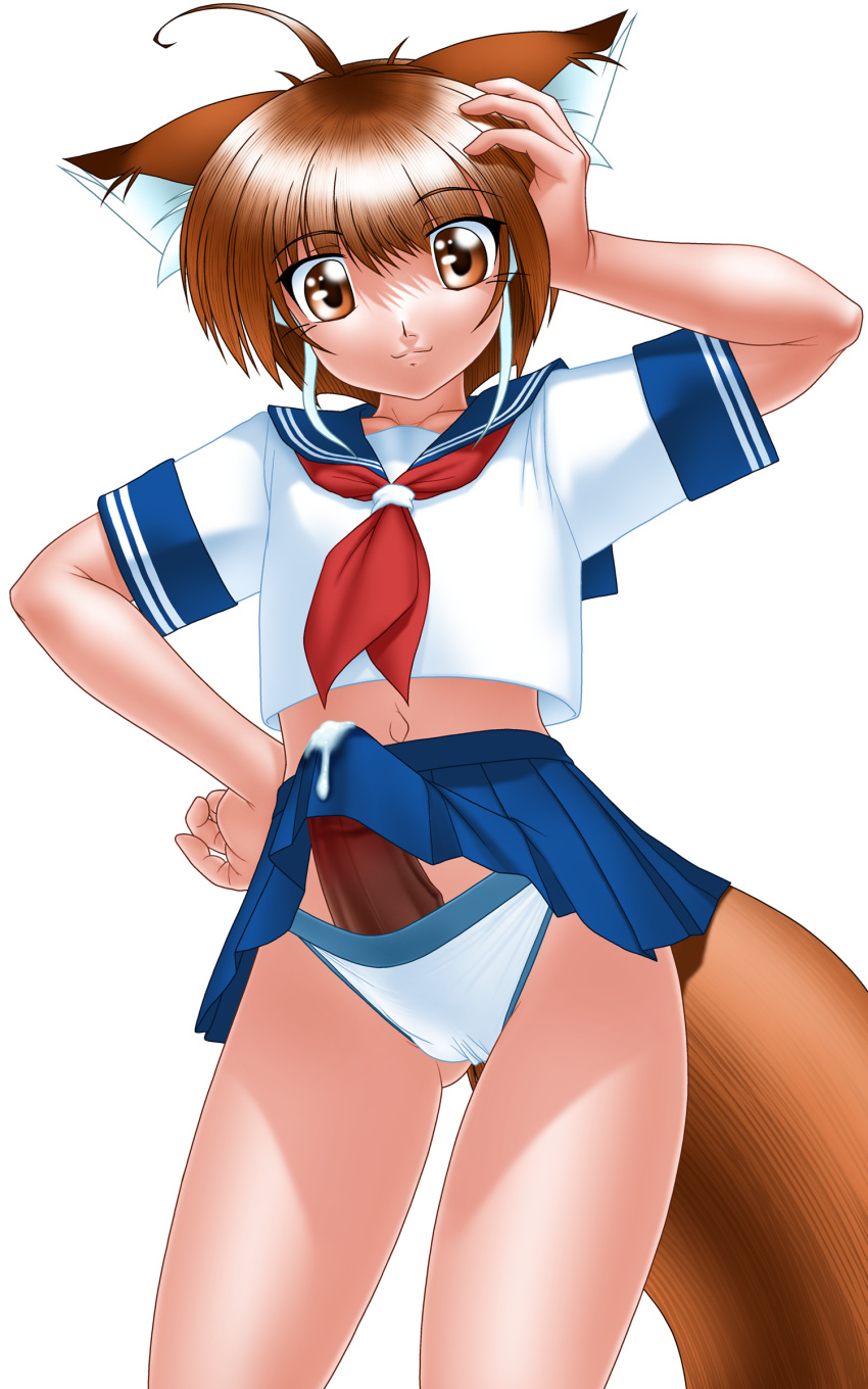 1futa ahoge animal_ears brown_eyes brown_hair cameltoe cat_ears cum cum_through_clothes delica futa_only futa_sans_balls futanari highres intersex midriff miniskirt navel no_balls no_testicles original panties pantyshot penis school_uniform serafuku skirt solo solo_futa straight_hair tail underwear white_panties