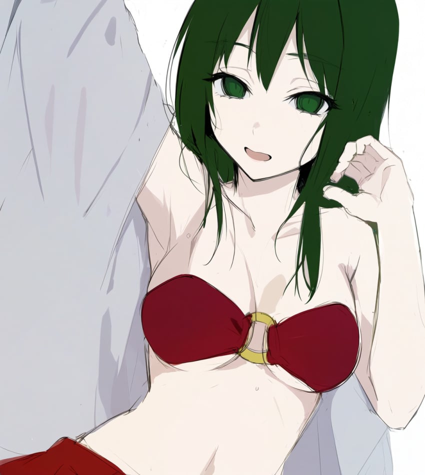 1girls ai_generated arm_up armpits bangs bare_shoulders breasts cleavage collarbone dark_green_hair echidna_(maha_no_hanashi) empty_eyes encantada_(vocaloid) female green_eyes green_hair gumi hair_between_eyes hand_up highres looking_at_viewer maha_no_hanashi masa_works_design matching_hair/eyes medium_breasts medium_hair midriff milua mv_character navel no_teeth non-web_source novelai o-ring o-ring_top open_mouth red_skirt red_topwear sfw simple_background skirt solo stable_diffusion stomach strapless topwear_only underboob upper_body vocaloid white_background