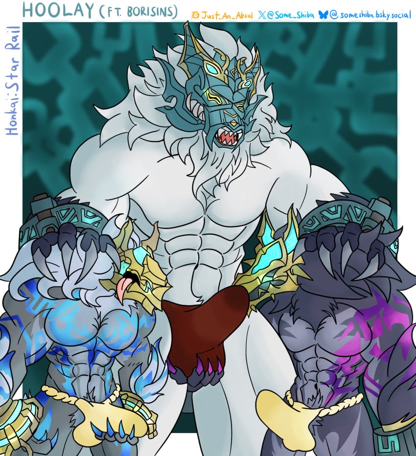 abs anthro armor aroused asian_clothing ball_grab balls balls_outline blue_markings bodily_fluids borisin bulge canid canine canis clothed clothing cuff_(restraint) detailed_bulge east_asian_clothing eclipse_wolftrooper_(honkai:_star_rail) erection erection_under_underwear fundoshi fundoshi_only fur genital_fluids genital_outline genitals grabbing_own_penis grey_body grey_fur group hi_res honkai:_star_rail hoolay_(honkai:_star_rail) japanese_clothing male mammal markings mihoyo muscular muscular_anthro muscular_male penis_outline precum precum_through_clothing precum_through_fundoshi precum_through_underwear pubes purple_body purple_fur purple_markings red_clothing red_fundoshi red_underwear restraints sableclaw_wolftrooper_(honkai:_star_rail) size_difference some_shiba tenting tongue tongue_out topless trio underwear underwear_only wet wet_clothing white_body white_fur wolf wrist_cuffs yellow_clothing yellow_fundoshi yellow_underwear