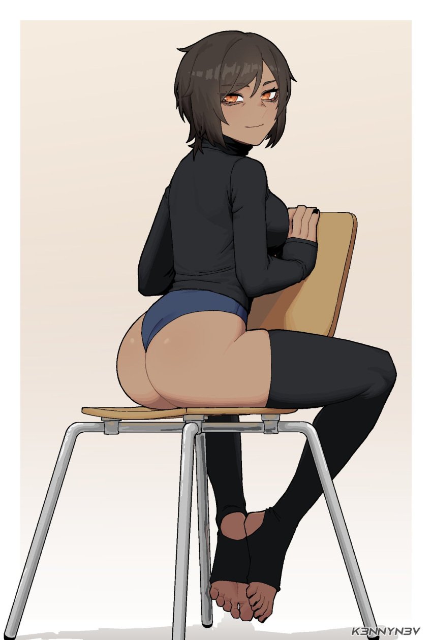 ass black_nails brown_hair chair dark-skinned_female dark_skin dat_ass feet full_body_suit k3nnyn3v limbus_company looking_at_viewer looking_back orange_eyes outis_(limbus_company) project_moon sitting_backwards sitting_on_chair stirrup_footwear stirrup_legwear stirrup_socks stirrup_stockings stirrup_thighhighs thighhighs thighs tight_clothes tight_clothing toes turtleneck