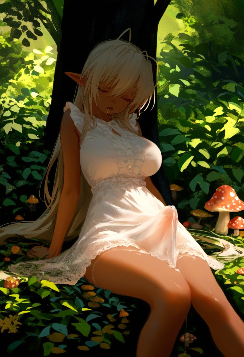 1futa ai_generated antenna_hair bangs bare_shoulders big_breasts big_penis breasts closed_eyes clothed cum_dripping_from_penis dappled_sunlight dark-skinned_futanari dark_elf dark_skin dickgirl doseogwan dress drooling ejaculation elf elf_ears erect_penis erect_while_sleeping erection erection_under_clothes female forest full_metal_daemon:_muramasa futa_only futanari hair_between_eyes knees_together knees_together_feet_apart large_breasts large_penis leaning_on_tree long_hair long_penis mushroom nature open_mouth outdoors penis penis_visible_through_clothing pointy_ears saliva saliva_drip sansei_muramasa see-through sitting sleeping sleeveless sleeveless_dress solo solo_futa soukou_akki_muramasa sunlight tenting thick_penis thighs translucent tree very_long_hair visible_penis_shape white_dress white_hair