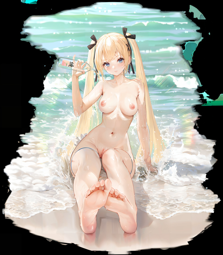 1girls ahoge azur_lane blonde_hair blue_eyes dead_or_alive female foot_fetish light-skinned_female light_skin long_hair marie_rose mofumochii nipples nude solo twintails water