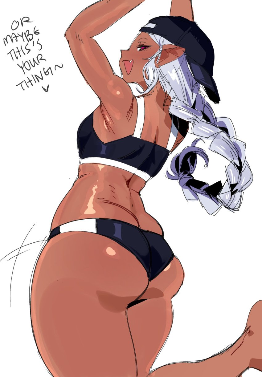 1girls ass big_ass big_butt braid breasts bubble_ass bubble_butt curvy cute_fang dark-skinned_female dark_elf dark_skin elf elf-san_wa_yaserarenai elf_ears elf_female female humanoid kuroeda long_hair pointy_ears thick_thighs void_dot_exe white_hair wide_hips