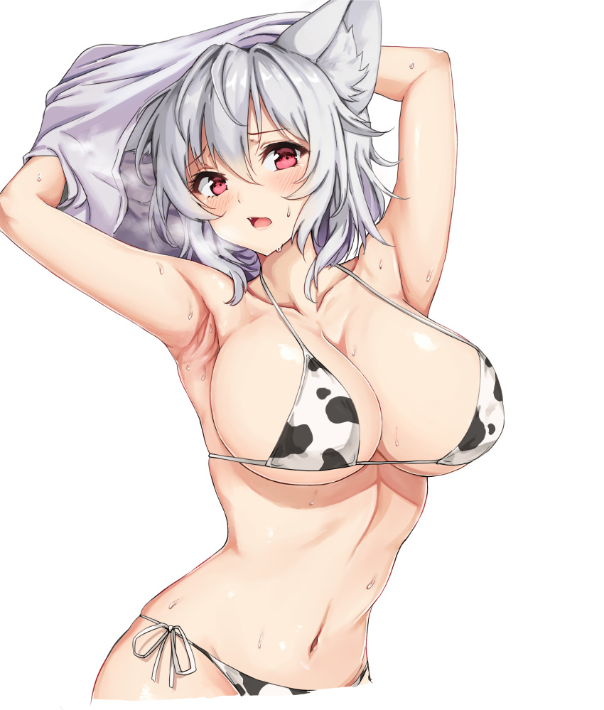 absurdres amagi_(amagi626) animal_ear_fluff animal_ears animal_print bikini breasts cow_print female highres inubashiri_momiji large_breasts momiji_inubashiri navel red_eyes side-tie_bikini_bottom simple_background solo sweat swimsuit touhou white_background white_bikini wolf_ears wolf_girl