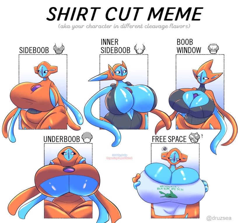 1girls big_ass breast_window breasts_bigger_than_head deoxys huge_ass huge_breasts massive_ass massive_breasts nintendo oddly_bally pokemon pokemon_(species) rayquaza shirt_cut_meme sideboob thick_thighs underboob