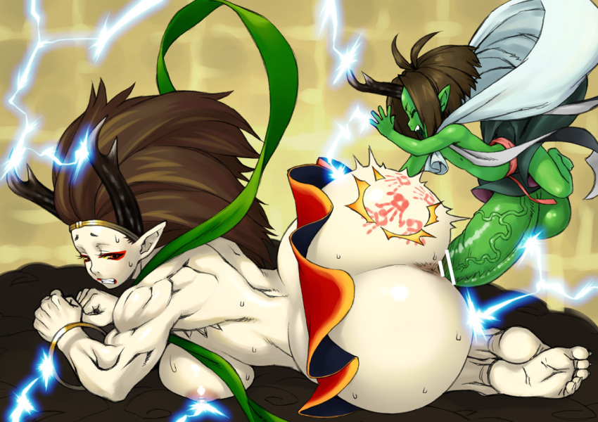 anus ass ass_slap barefoot breast_beam breasts brown_hair censored eyeshadow feet fuujin_(oboro_muramasa) giantess green_penis green_skin hair hand_print horn horns huge_ass huge_cock jinroku larger_female lightning long_hair miniboy monster_girl muramasa_the_demon_blade muscle penis raijin_(muramasa) sex size_difference slap slap_mark small_but_hung soles spanked spanking sweat toes vaginal_penetration veiny_penis weaponized_breasts