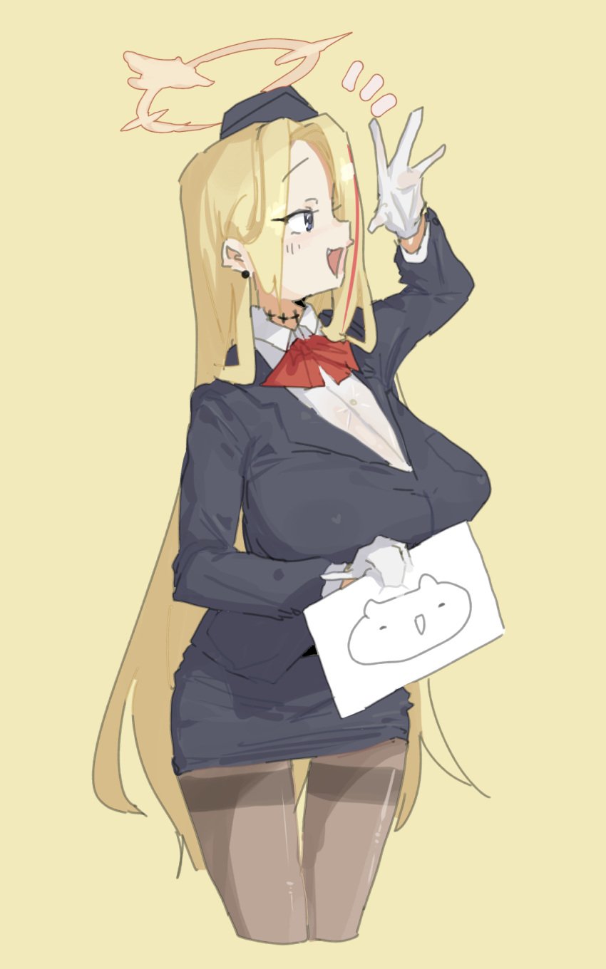 1girl 1girls allied_hyakkiyako_academy_student artist_self-insert black_choker black_earrings black_stockings blonde_female blonde_hair blonde_hair_female blue_archive blue_eyes blue_suit blush blush_lines blushing breasts choker collared_shirt cute_fang earrings fangs female festival_operations_department_(blue_archive) gloves hair_over_one_eye halo holding_object holding_sign large_breasts leebongchun long_hair looking_to_the_side mini_hat miniskirt one-piece_suit open_mouth orange_halo pantyhose paper pina_(blue_archive) pina_(guide)_(blue_archive) red_bow red_hair red_ribbon sign solo stewardess stewardess_uniform stockings straight streaked_hair stud_earrings two_tone_hair very_long_hair waving waving_hand white_collar white_collared_shirt white_gloves white_shirt