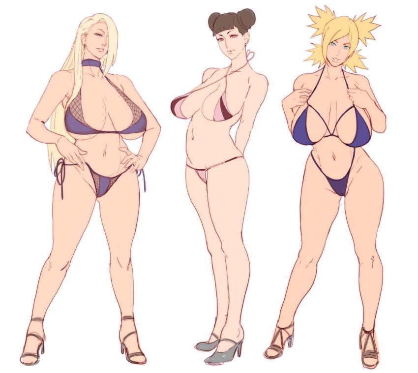 3girls arms_at_sides arms_behind_back bare_legs bare_midriff bare_shoulders big_breasts bikini bikini_bottom bikini_top blonde_hair blue_eyes blunt_bangs blush boruto:_naruto_next_generations breasts breasts_bigger_than_head brown_eyes brown_hair cleavage double_bun female female_only full_body green_eyes hair_over_one_eye hands_on_hips heels high_heels ino_yamanaka jnsdh large_breasts lipstick long_hair makeup mature mature_female midriff milf multiple_girls naruto naruto_(series) oppai parted_bangs pinup plain_background ponytail quad_tails revealing_swimsuit sagging_breasts simple_background smile swimsuit take_your_pick temari tenten twin_buns twintails very_long_hair voluptuous voluptuous_female white_background yellow_hair