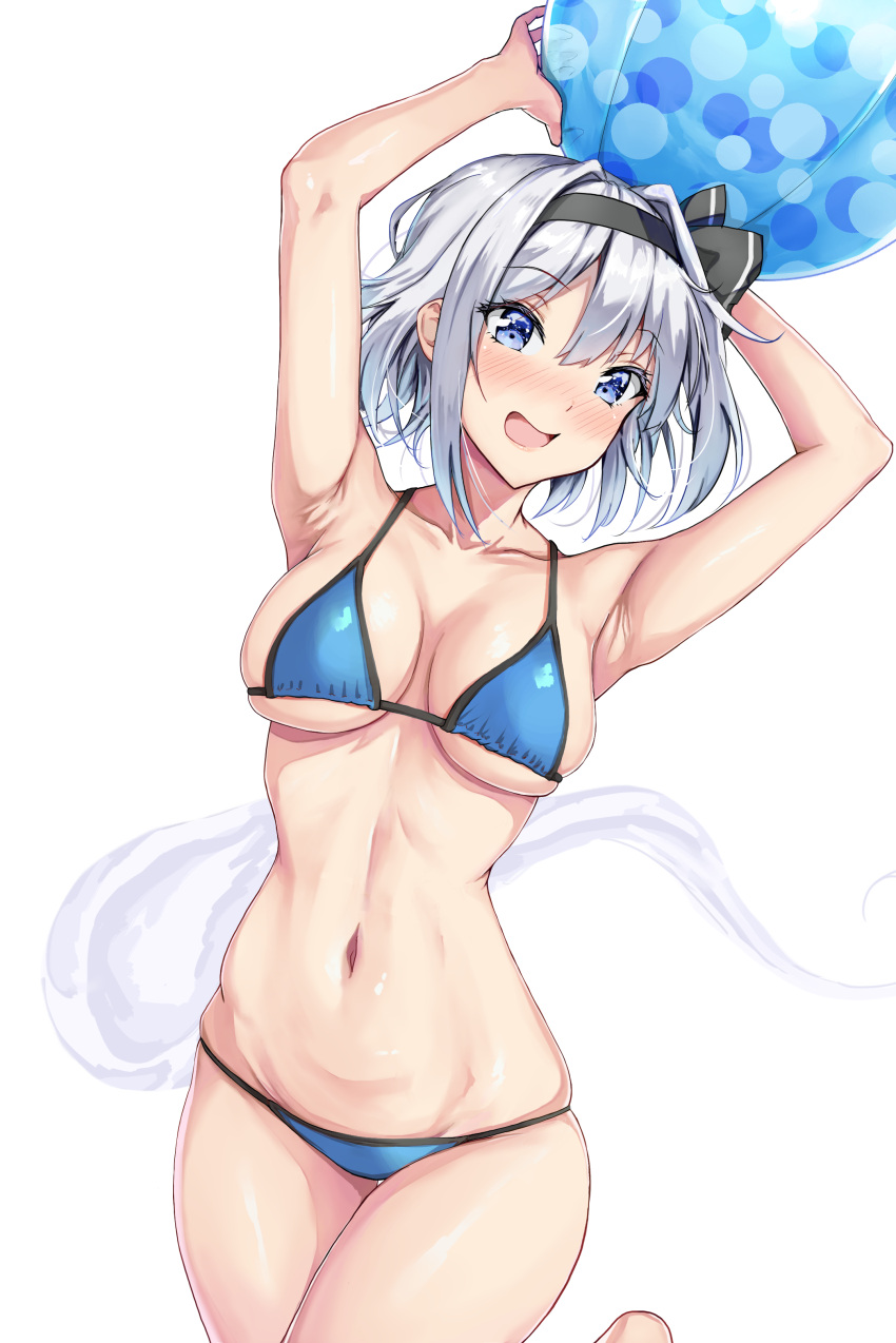 :d absurdres amagi_(amagi626) armpits arms_up ball beachball bikini black_bow black_hairband blue_bikini blue_eyes bob_cut bow breasts collarbone female ghost hairband halterneck highres holding holding_ball holding_beachball konpaku_youmu konpaku_youmu_(ghost) medium_breasts navel open_mouth short_hair simple_background skindentation smile solo string_bikini swimsuit thighs touhou white_background white_hair youmu_konpaku youmu_konpaku_(ghost)