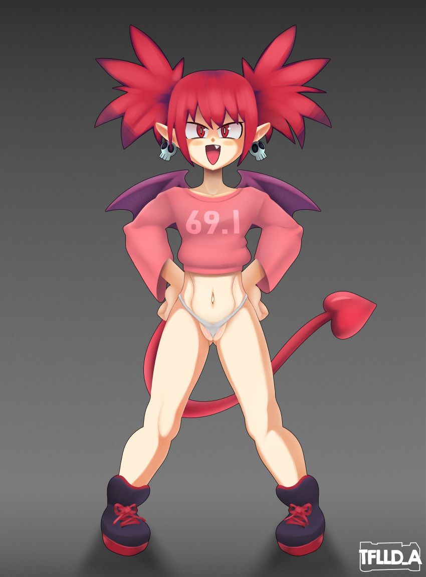 5tflldartist5 butt_from_the_front chainsaw_man clothing cosplay demon demon_humanoid disgaea disgaea_1 ear_piercing etna eyelashes female footwear front_view genitals grey_background hair hand_on_hip hi_res humanoid humanoid_pointy_ears looking_at_viewer navel nippon_ichi_software open_mouth panties piercing pink_clothing pink_topwear power_(chainsaw_man) purple_clothing purple_footwear purple_shoes pussy pussy_floss red_eyes red_hair red_tail shoes simple_background snaggle_tooth solo spade_tail tail tailed_humanoid tan_body tan_skin topwear underwear white_clothing white_panties white_underwear winged_humanoid wings