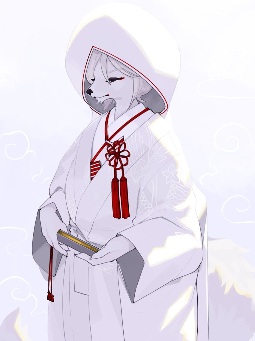 2024 ambiguous_gender anthro asian_clothing canid canine closed_eyes clothed clothing east_asian_clothing fox fur hair hi_res holding_object japanese_clothes japanese_clothing kame_3 kimono mammal shiromuku simple_background solo tail wataboushi wedding_dress white_background white_body white_fur white_hair white_tail