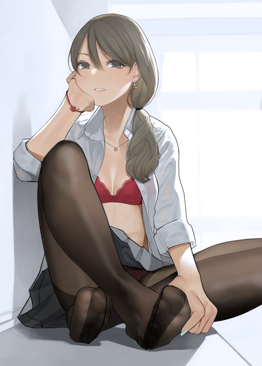 blush bra breasts brown_hair dress_shirt earrings feet female grey_eyes grey_skirt hair_between_eyes head_rest highres indian_style jewelry legs long_hair looking_at_viewer necklace open_clothes open_shirt original panties panties_under_pantyhose pantyhose parted_lips pleated_skirt red_bra red_panties shirt side_ponytail sitting skirt solo thighband_pantyhose underwear yomu_(sgt_epper)