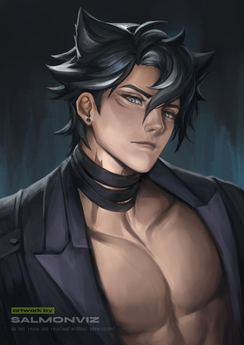 1boy abs artist_request big_body buff chest chest_scar genshin_impact looking_at_viewer male male_only scar scars tagme tagme_(artist) unbuttoned_shirt wide_shoulders wriothesley_(genshin_impact)