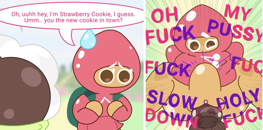 brown_eyes cookie_run english_text guyspermo_(itisspermo) instant_loss_2koma itisspermo pink_hoodie spermo_(itisspermo) strawberry_cookie sweatdrop