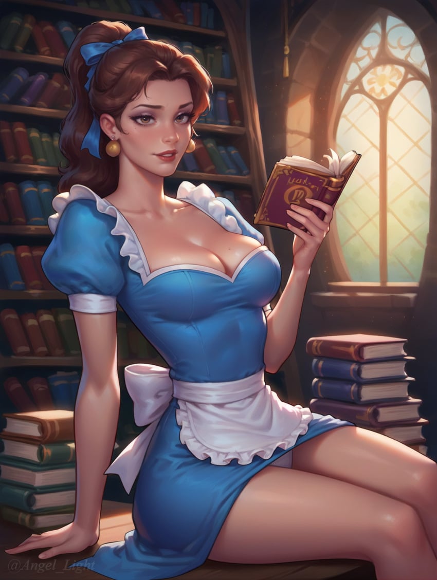 1girls ai_generated angel_light angel_light_(artist) beauty_and_the_beast belle belle_(beauty_and_the_beast) breasts brown_eyes brown_hair cleavage disney disney_princess panties princess