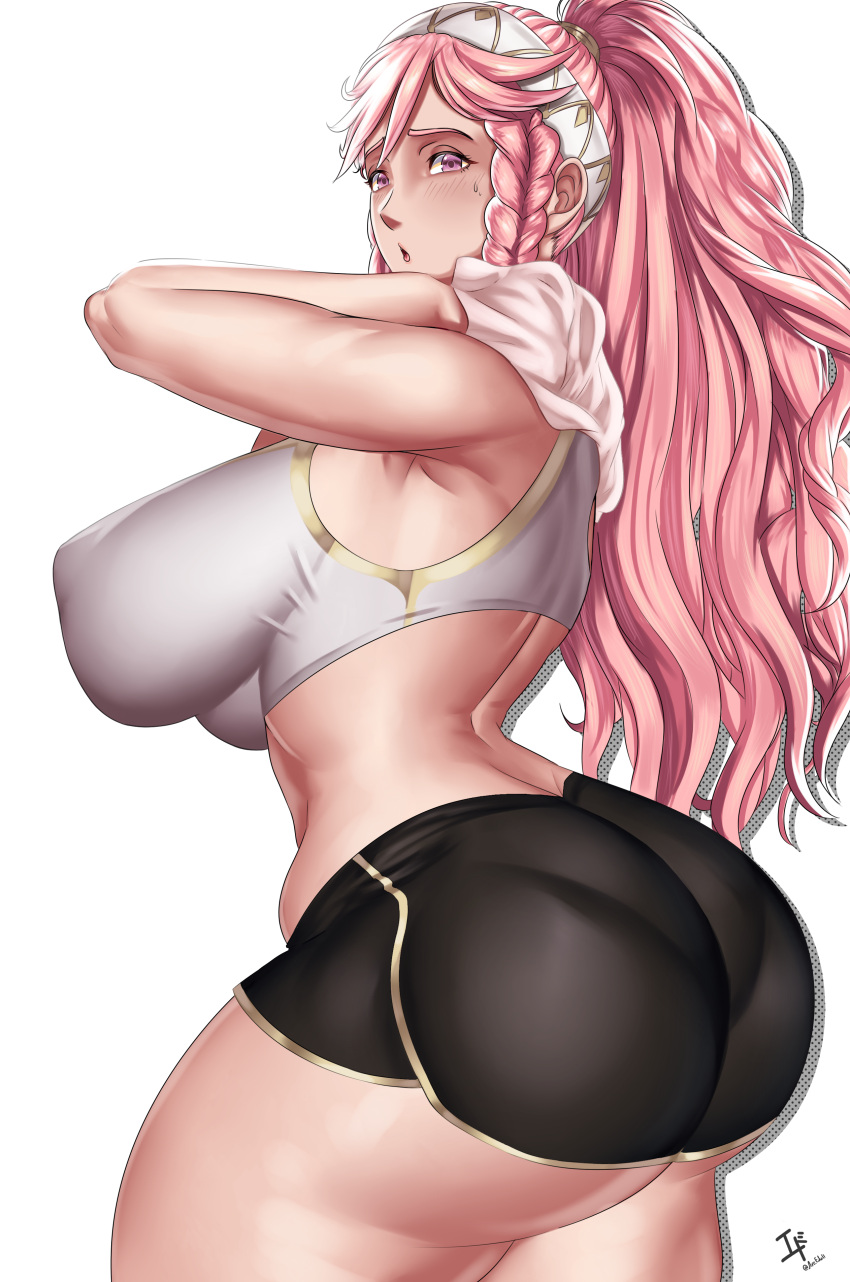 1girls arcedo blush covered_nipples curvy female female_only fire_emblem fire_emblem_awakening huge_ass huge_breasts long_hair nintendo olivia_(fire_emblem) open_mouth pink_eyes pink_hair ponytail shorts solo tank_top voluptuous